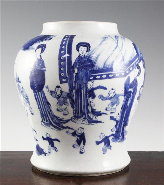 A Chinese blue and white jar, Kangxi period, 23cm, rim chip and cracks